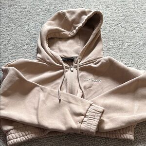 Alphalete Cropped Half-Zip Hoodie in Taupe Beige